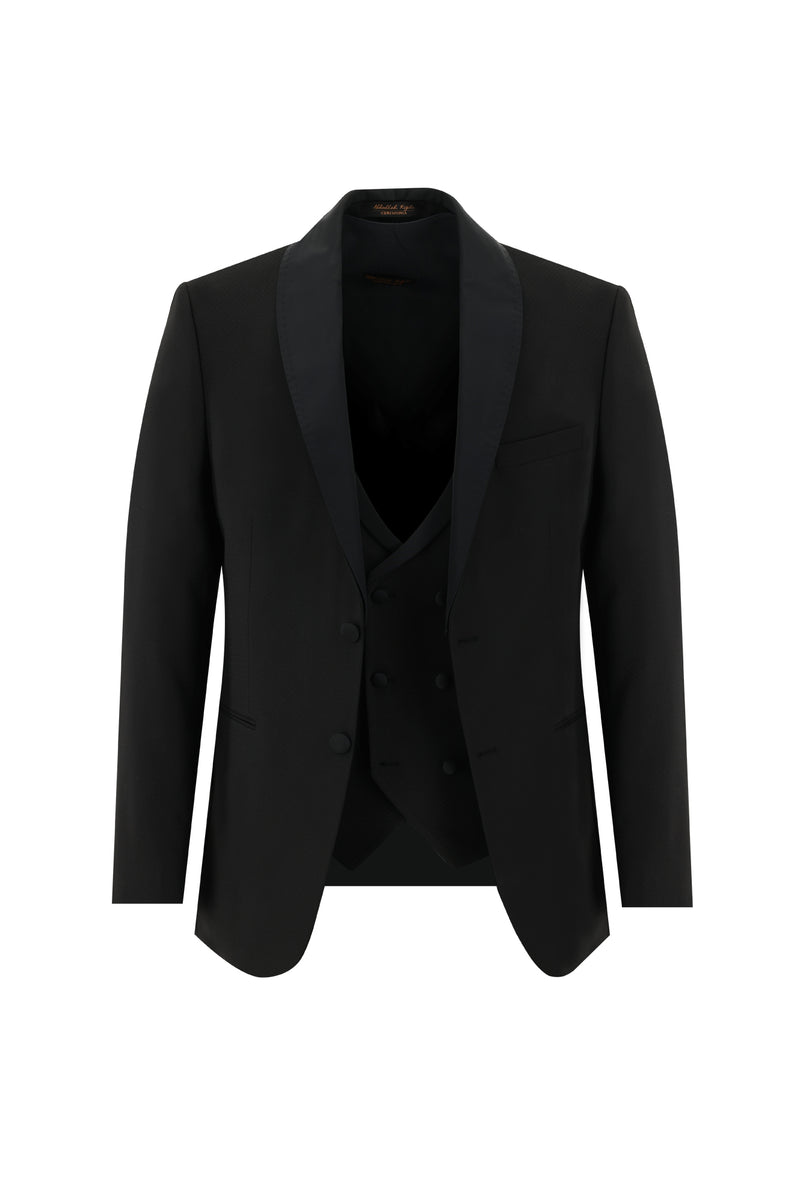 Siyah Slim Fit Dar Kesim Şal Yaka Yelekli Smokin & Damatlık