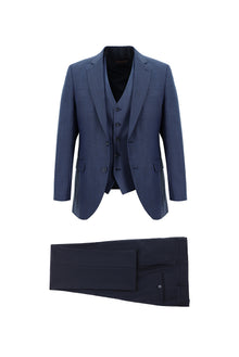 Mavi Slim Fit Dar Kesim Yünlü Kombinli Yelekli Takım Elbise