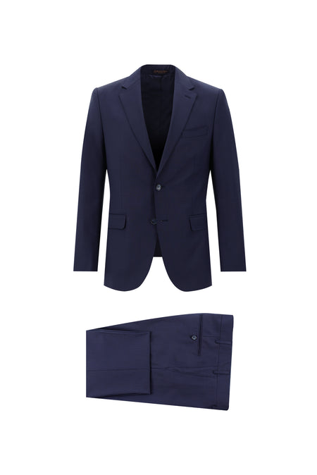 Orta Lacivert Slim Fit Dar Kesim Yünlü Klasik Kuşgözü Takım Elbise