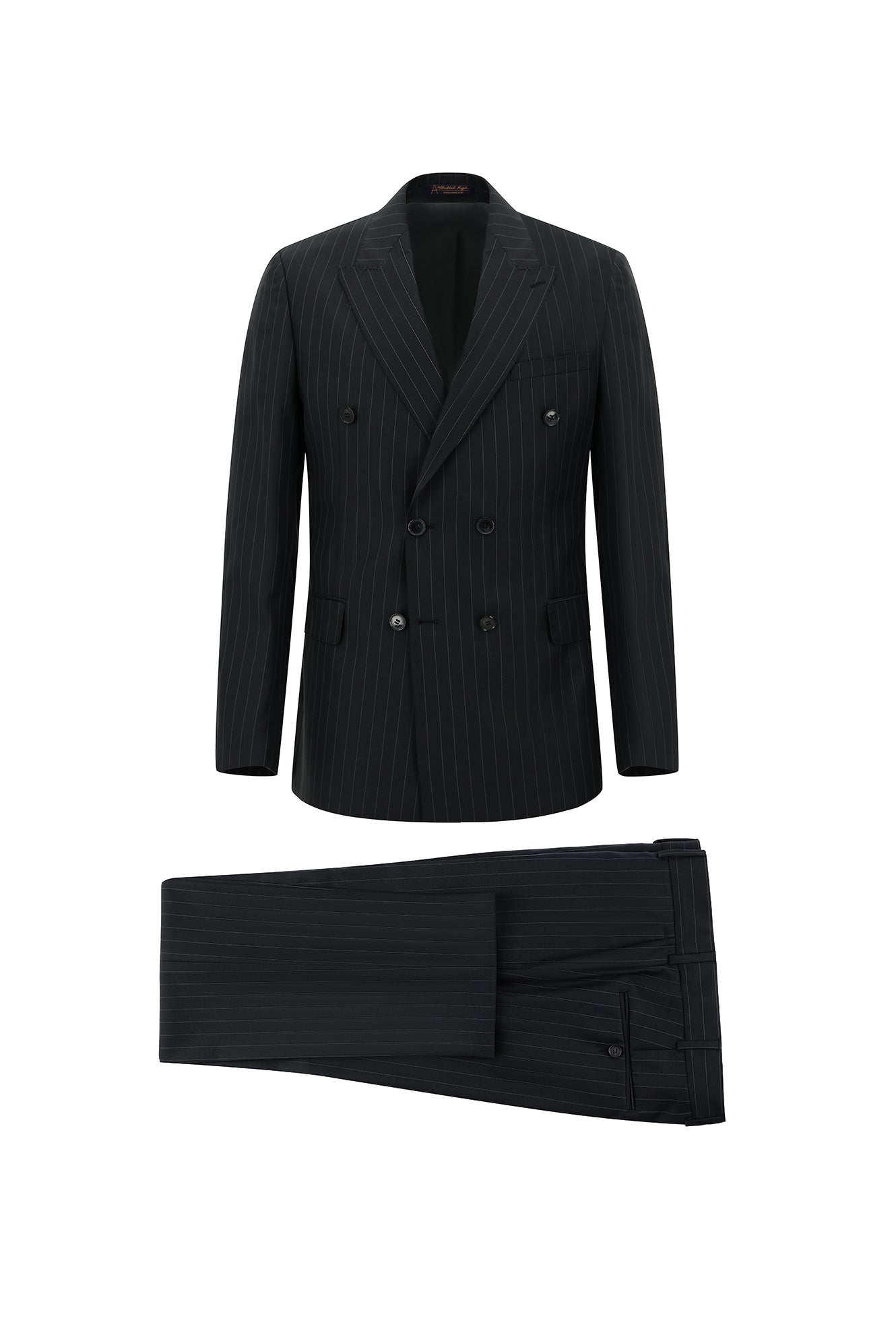 Siyah Regular Fit Yünlü Çizgili Kruvaze Takım Elbise