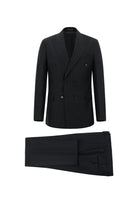 Siyah Regular Fit Yünlü Çizgili Kruvaze Takım Elbise