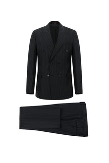 Siyah Regular Fit Yünlü Çizgili Kruvaze Takım Elbise