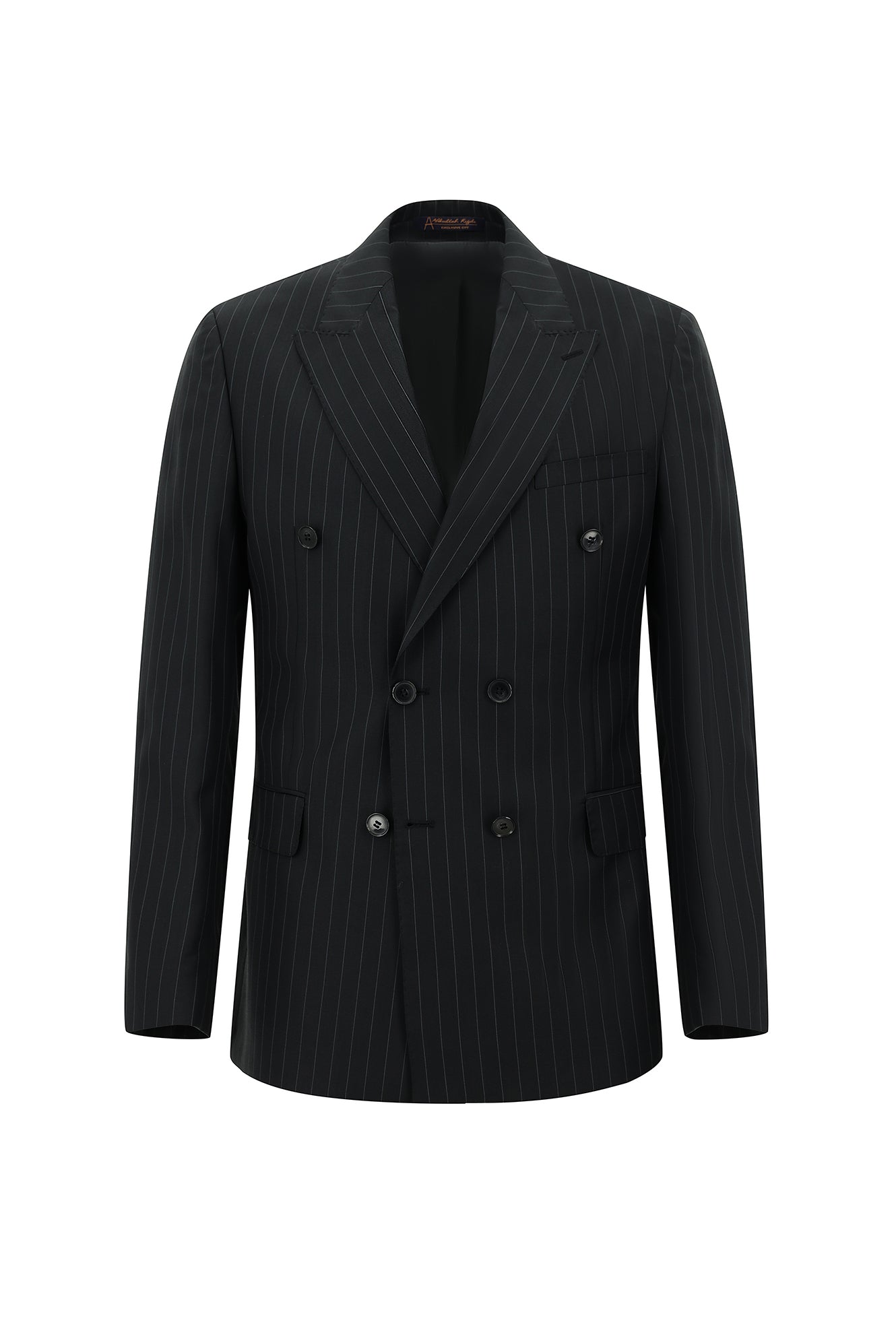 Siyah Slim Fit Dar Kesim Yünlü Çizgili Kruvaze Takım Elbise