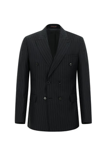 Siyah Slim Fit Dar Kesim Yünlü Çizgili Kruvaze Takım Elbise