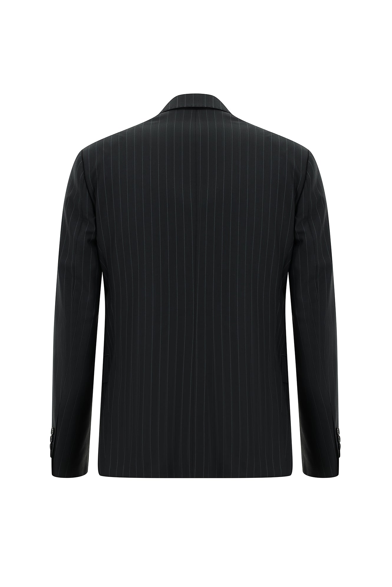 Siyah Slim Fit Dar Kesim Yünlü Çizgili Kruvaze Takım Elbise