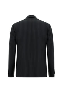 Siyah Regular Fit Yünlü Çizgili Kruvaze Takım Elbise