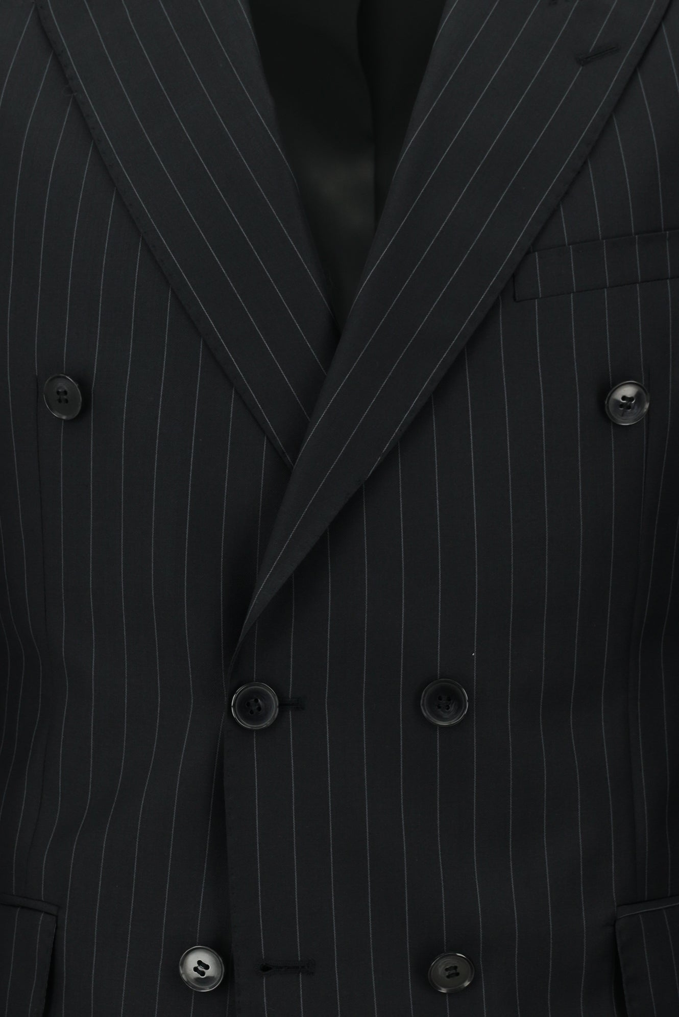Siyah Slim Fit Dar Kesim Yünlü Çizgili Kruvaze Takım Elbise