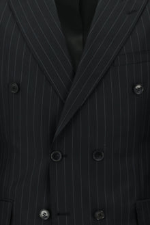 Siyah Slim Fit Dar Kesim Yünlü Çizgili Kruvaze Takım Elbise