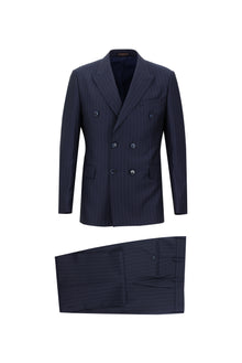 Koyu Lacivert Slim Fit Dar Kesim Yünlü Çizgili Kruvaze Takım Elbise