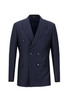Koyu Lacivert Slim Fit Dar Kesim Yünlü Çizgili Kruvaze Takım Elbise