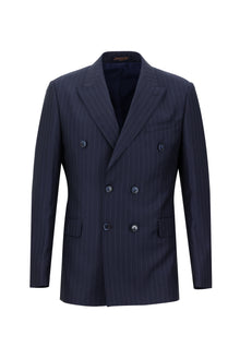 Koyu Lacivert Slim Fit Dar Kesim Yünlü Çizgili Kruvaze Takım Elbise