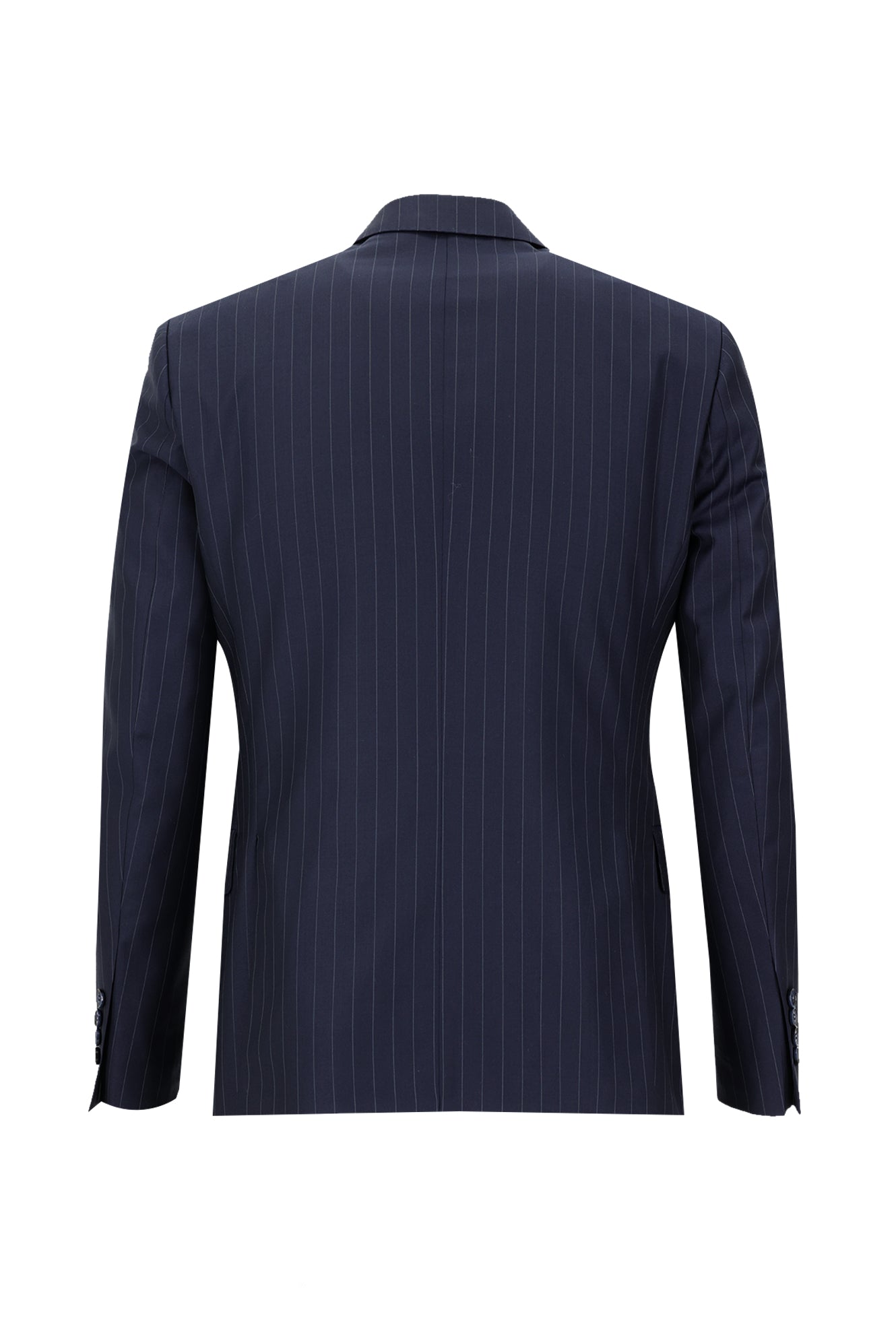 Koyu Lacivert Slim Fit Dar Kesim Yünlü Çizgili Kruvaze Takım Elbise