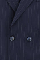 Koyu Lacivert Slim Fit Dar Kesim Yünlü Çizgili Kruvaze Takım Elbise