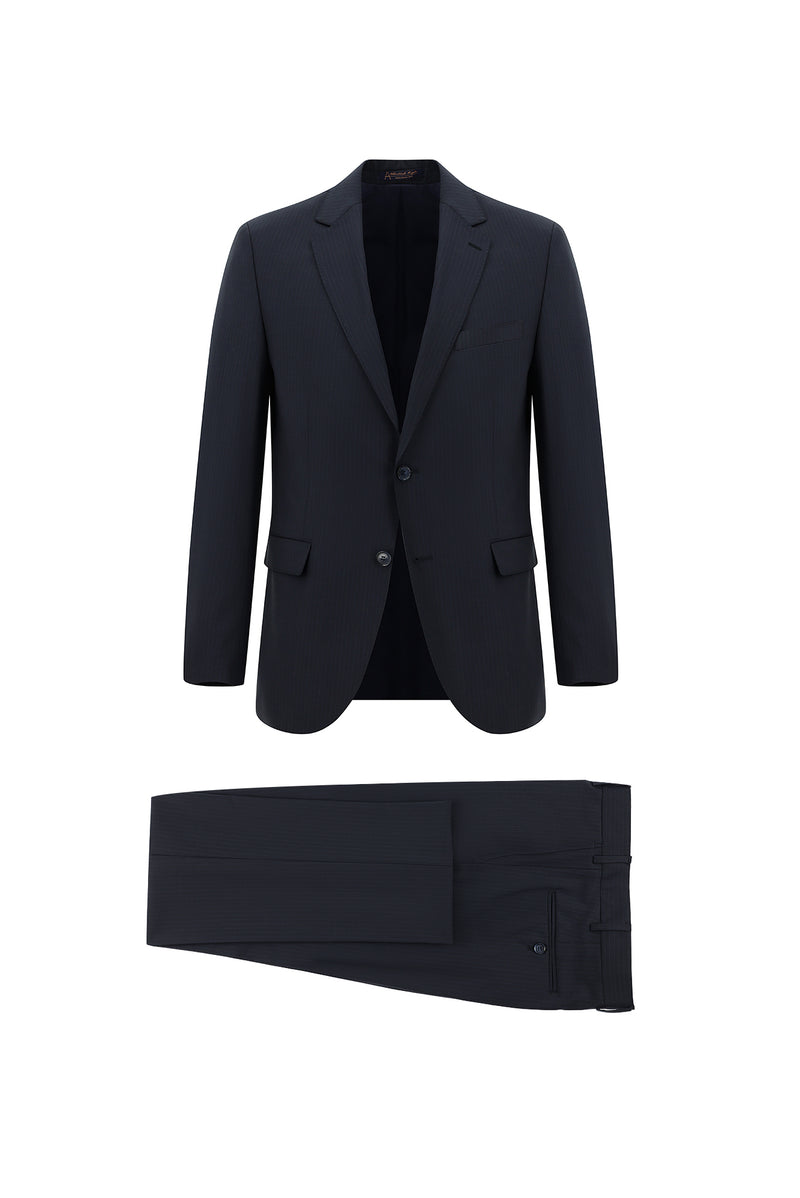 Koyu Lacivert Regular Fit Yünlü Klasik Çizgili Takım Elbise