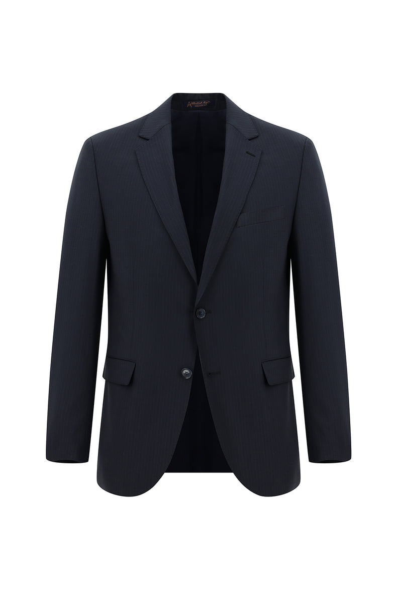Koyu Lacivert Regular Fit Yünlü Klasik Çizgili Takım Elbise