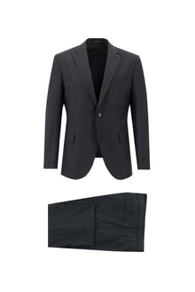 Siyah Slim Fit Dar Kesim Yünlü Klasik Çizgili Takım Elbise