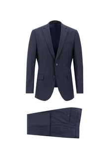 Koyu Lacivert Regular Fit Yünlü Klasik Çizgili Takım Elbise