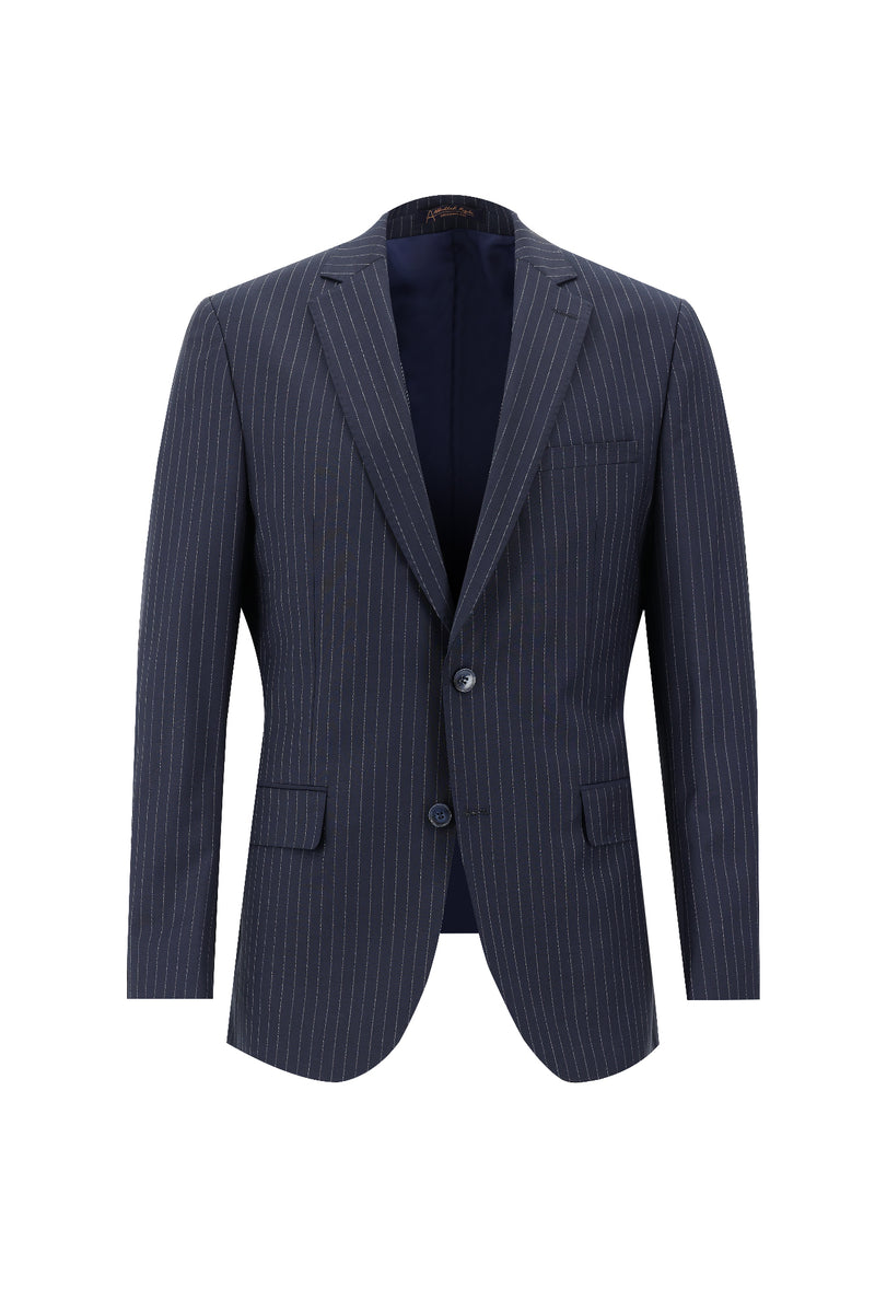 Koyu Lacivert Regular Fit Yünlü Klasik Çizgili Takım Elbise