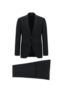 Siyah Slim Fit Dar Kesim Yünlü Klasik Çizgili Takım Elbise