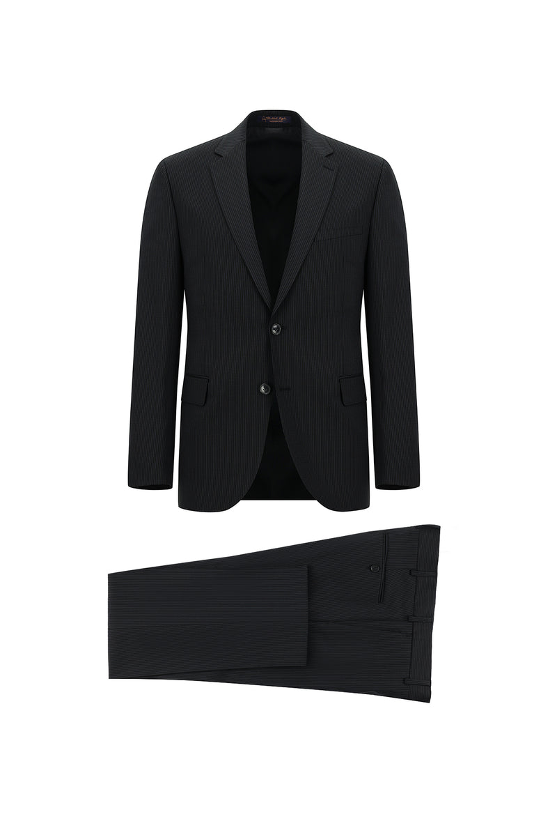 Siyah Regular Fit Yünlü Klasik Çizgili Takım Elbise