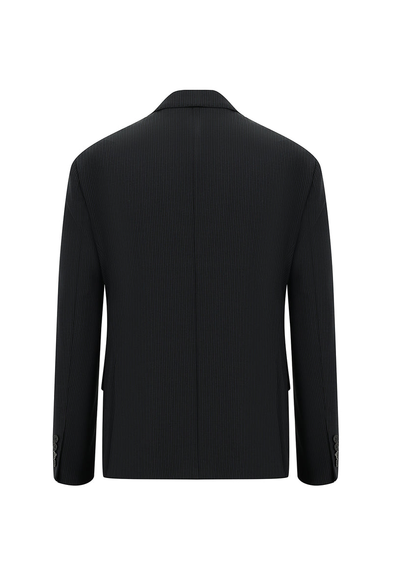 Siyah Slim Fit Dar Kesim Yünlü Klasik Çizgili Takım Elbise