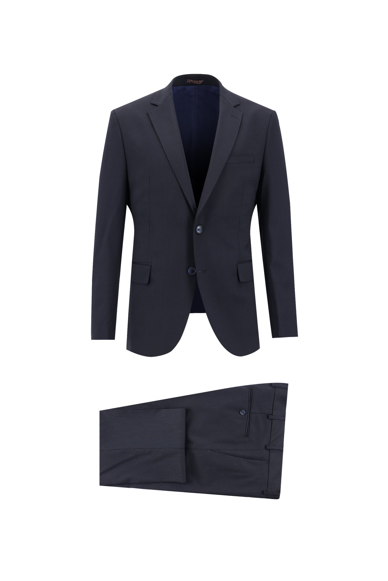 Koyu Lacivert Slim Fit Dar Kesim Yünlü Klasik Çizgili Takım Elbise