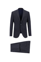 Koyu Lacivert Slim Fit Dar Kesim Yünlü Klasik Çizgili Takım Elbise