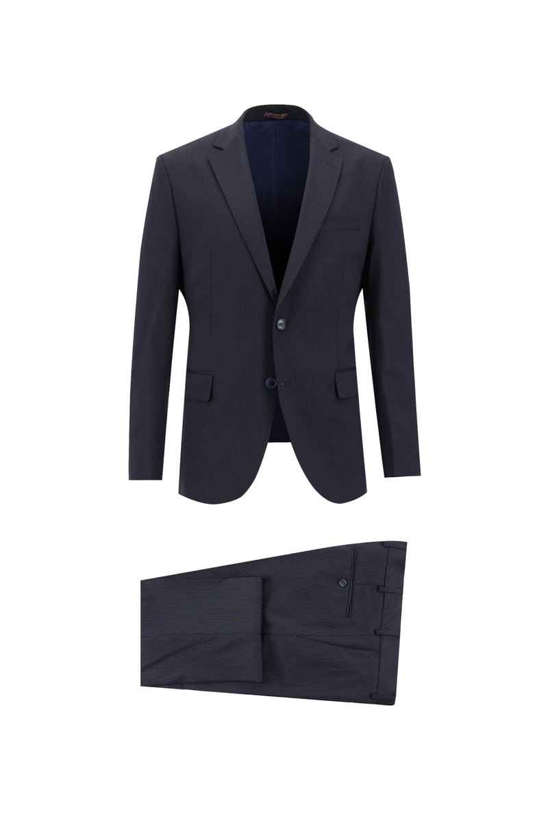 Koyu Lacivert Slim Fit Dar Kesim Yünlü Klasik Çizgili Takım Elbise