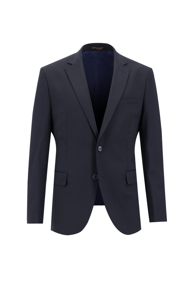 Koyu Lacivert Slim Fit Dar Kesim Yünlü Klasik Çizgili Takım Elbise