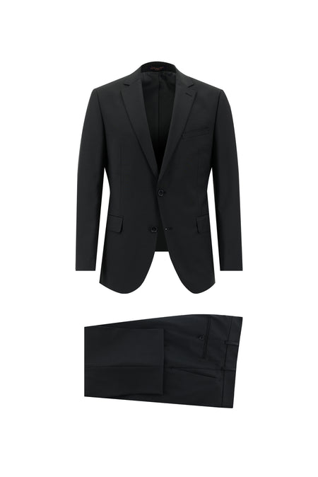 Siyah Slim Fit Dar Kesim Yünlü Klasik Çizgili Takım Elbise