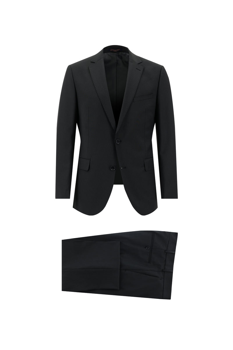 Siyah Slim Fit Dar Kesim Yünlü Klasik Çizgili Takım Elbise