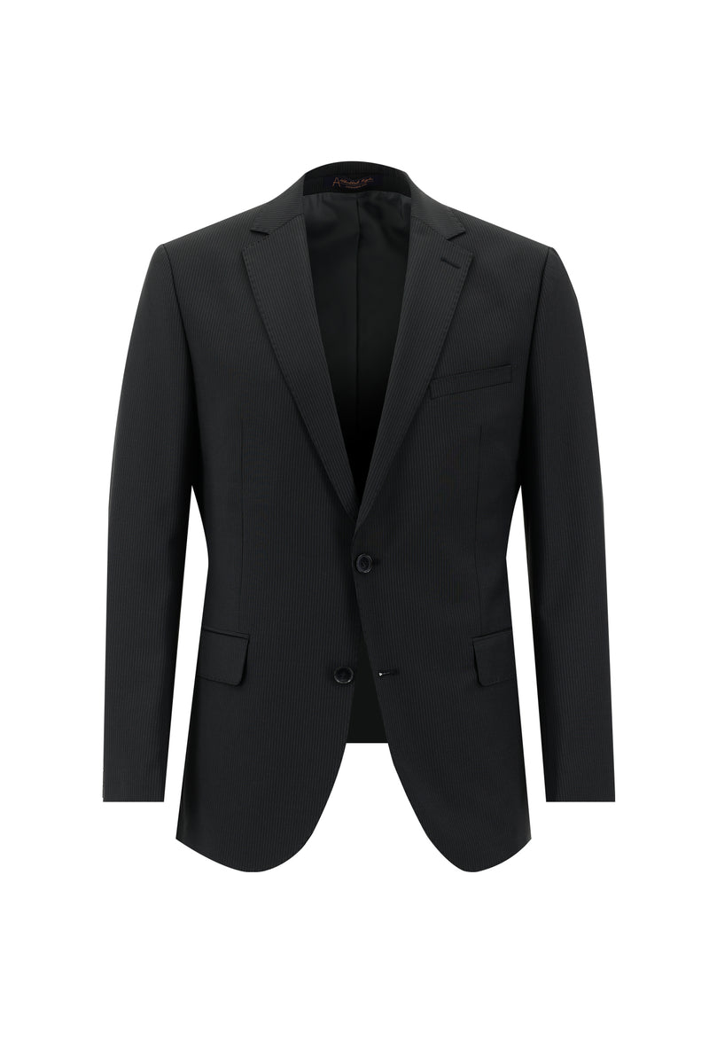 Siyah Slim Fit Dar Kesim Yünlü Klasik Çizgili Takım Elbise