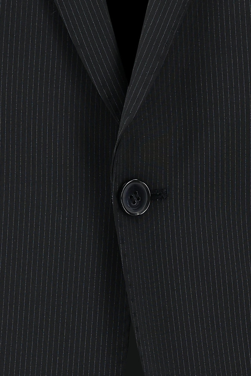 Siyah Slim Fit Dar Kesim Yünlü Klasik Çizgili Takım Elbise