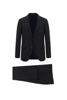 Koyu Lacivert Slim Fit Dar Kesim Yünlü Klasik Çizgili Takım Elbise