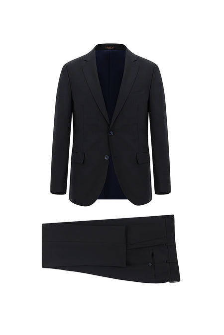 Koyu Lacivert Slim Fit Dar Kesim Yünlü Klasik Çizgili Takım Elbise