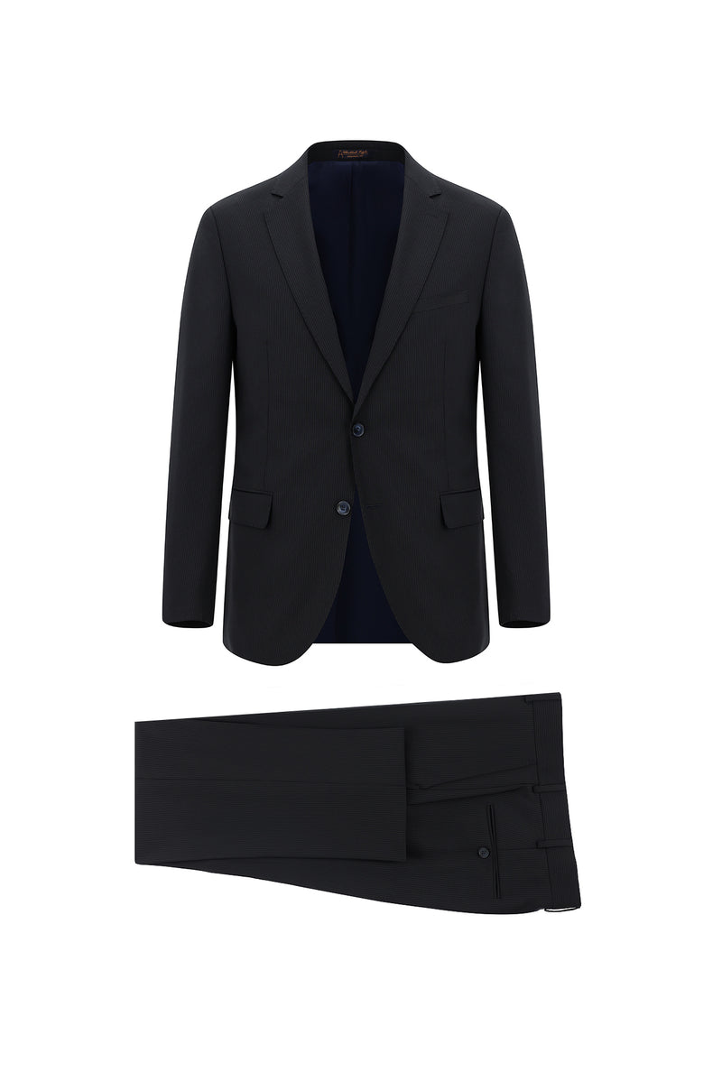 Koyu Lacivert Slim Fit Dar Kesim Yünlü Klasik Çizgili Takım Elbise