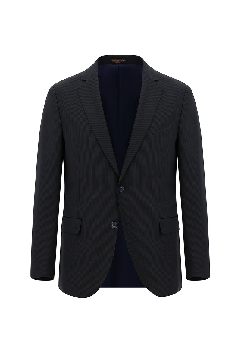 Koyu Lacivert Slim Fit Dar Kesim Yünlü Klasik Çizgili Takım Elbise