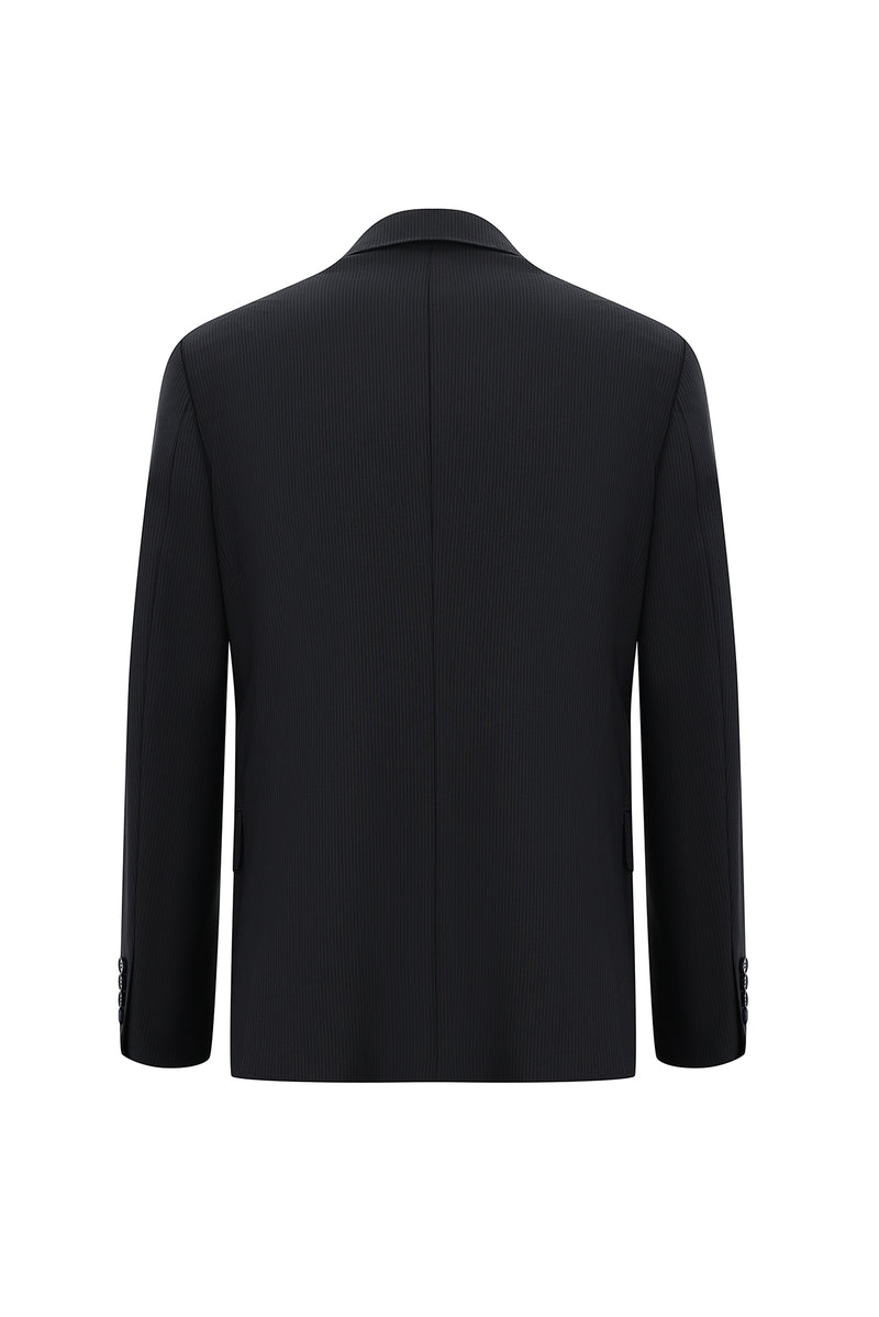 Koyu Lacivert Slim Fit Dar Kesim Yünlü Klasik Çizgili Takım Elbise