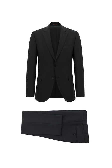 Siyah Slim Fit Dar Kesim Yünlü Klasik Çizgili Takım Elbise