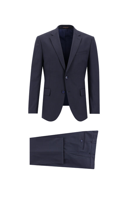 Orta Lacivert Slim Fit Dar Kesim Yünlü Klasik Çizgili Takım Elbise