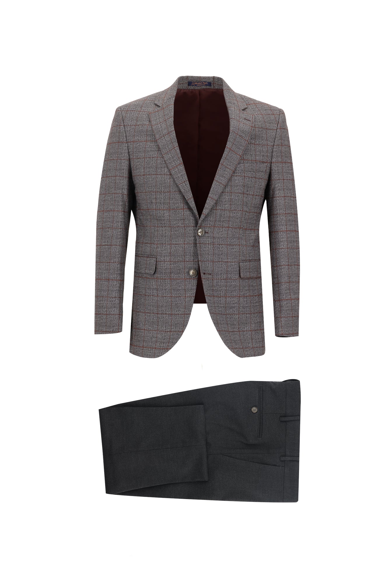 Orta Kahve 7 Drop Slim Fit Dar Kesim Kombinli Ekose Tak?m Elbise-Abdullah Ki??l?
