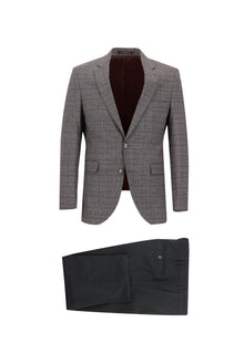 Orta Kahve 7 Drop Slim Fit Dar Kesim Kombinli Ekose Tak?m Elbise-Abdullah Ki??l?
