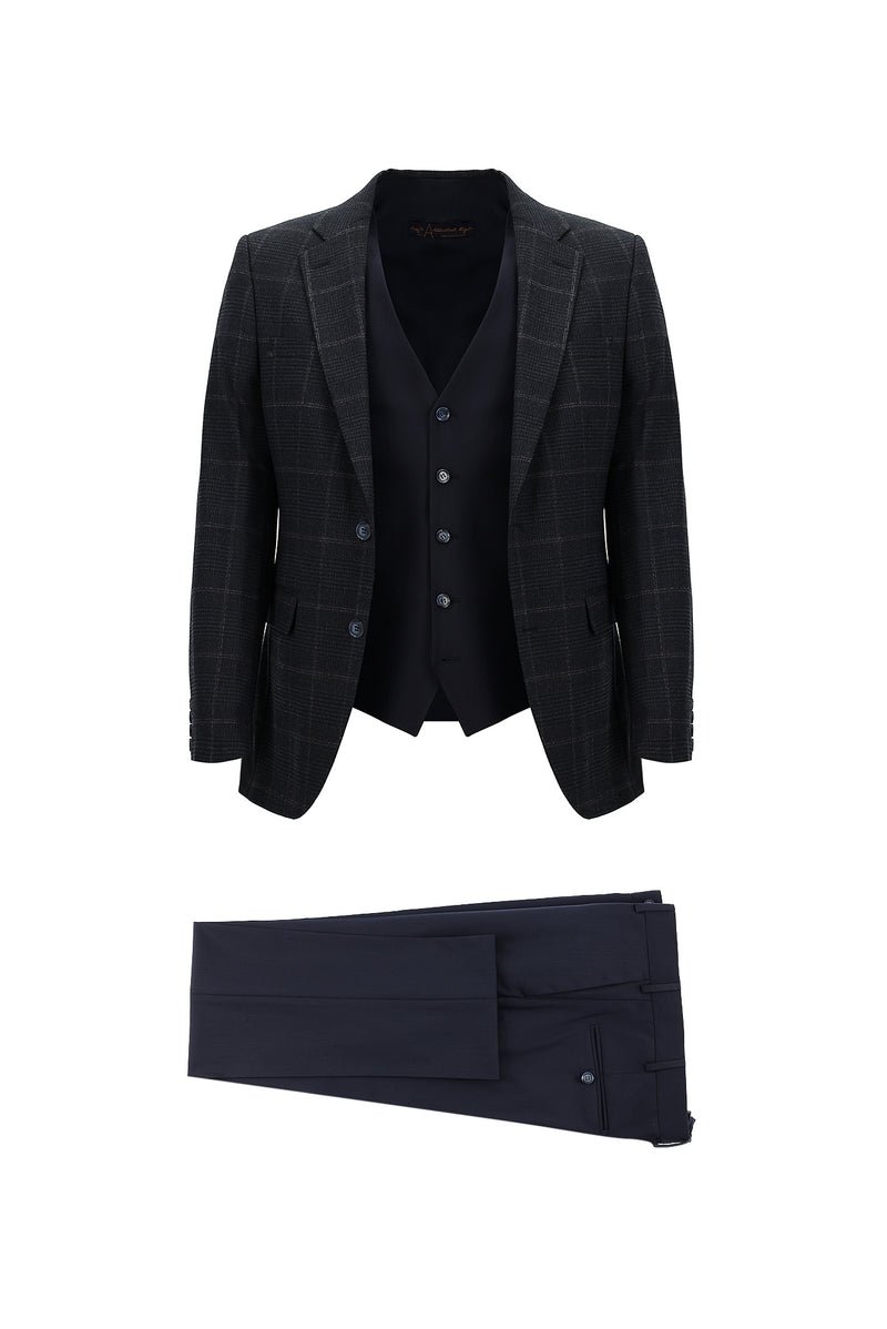 Koyu Lacivert Slim Fit Dar Kesim Yünlü Kombinli Yelekli Takım Elbise