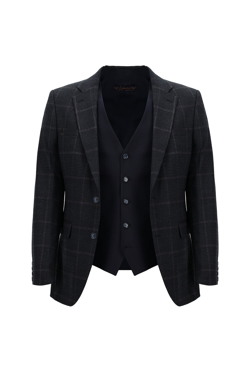 Koyu Lacivert Slim Fit Dar Kesim Yünlü Kombinli Yelekli Takım Elbise