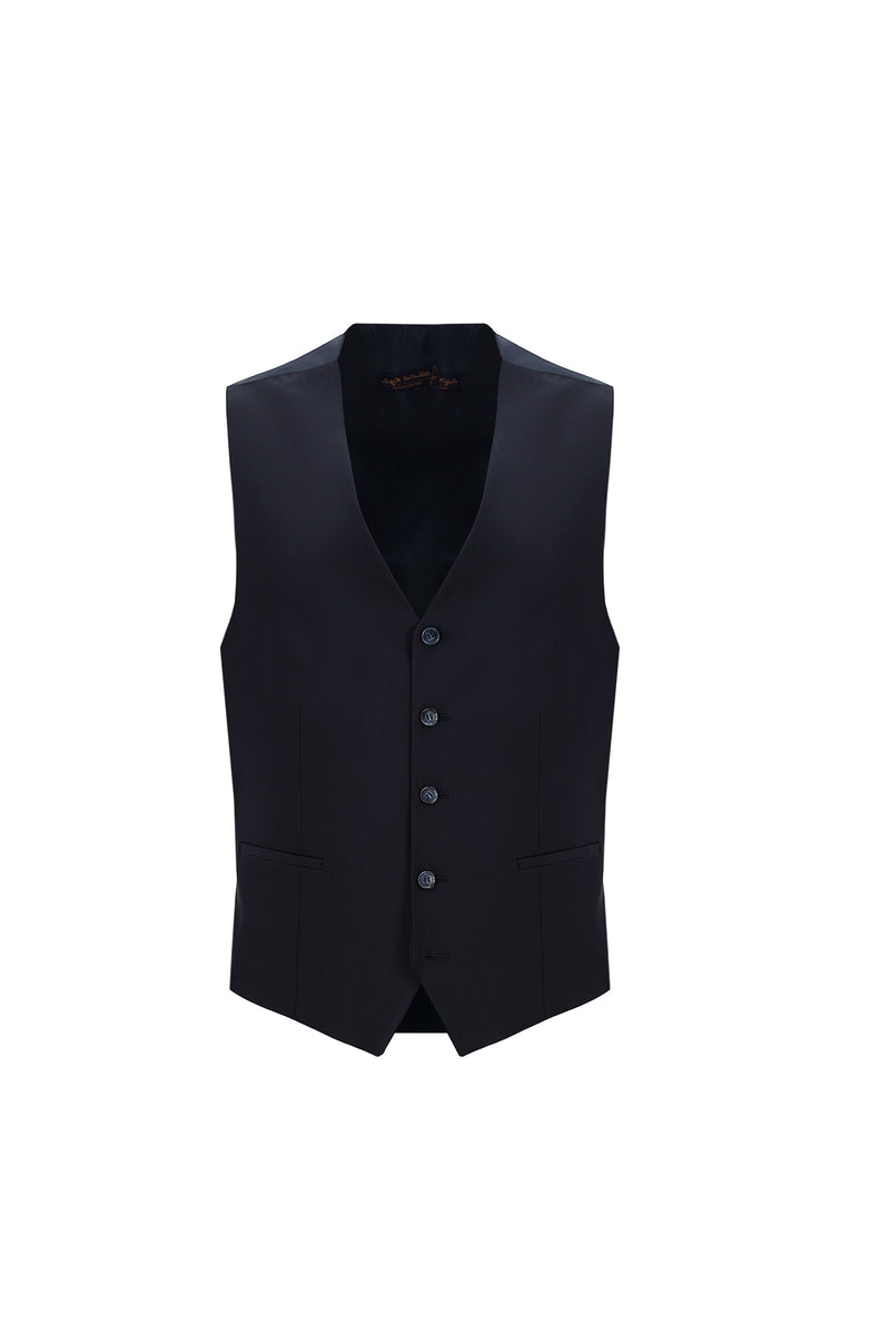 Koyu Lacivert Slim Fit Dar Kesim Yünlü Kombinli Yelekli Takım Elbise
