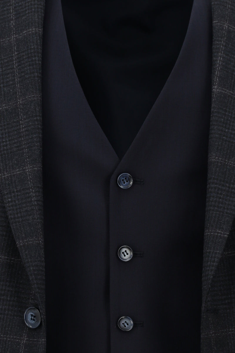 Koyu Lacivert Slim Fit Dar Kesim Yünlü Kombinli Yelekli Takım Elbise