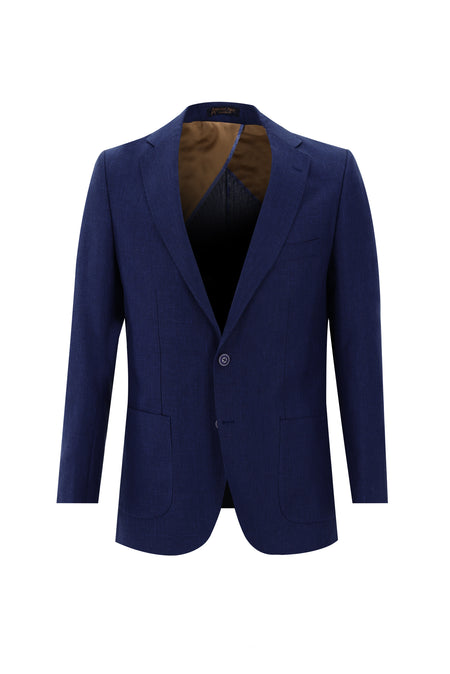 Orta Lacivert Relaxed Fit Rahat Kesim Desenli Keten Ceket