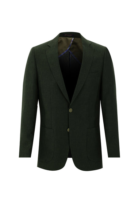 Koyu Yeşil Regular Fit Desenli Keten Ceket