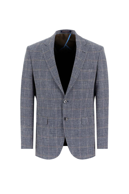 Orta Lacivert 7 Drop Slim Fit Dar Kesim Ekose Keten Ceket-Abdullah Ki??l?