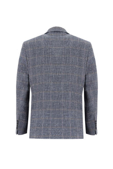 Orta Lacivert 7 Drop Slim Fit Dar Kesim Ekose Keten Ceket-Abdullah Ki??l?